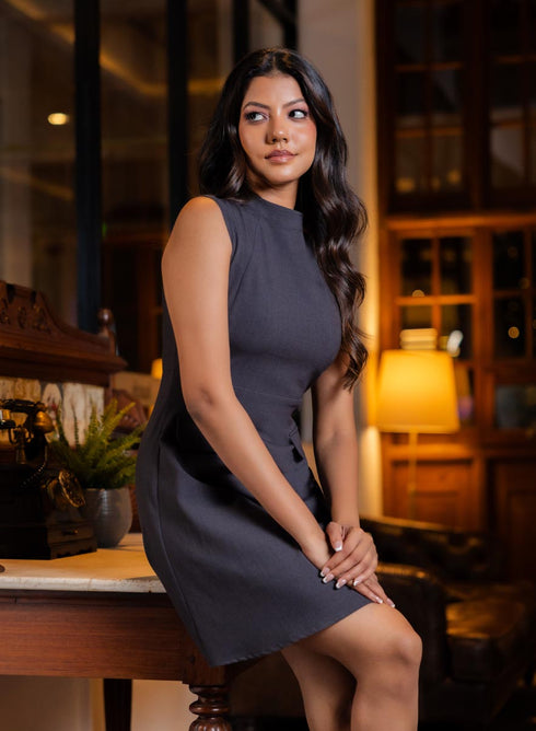 Front Paneled Mini Dress With Flaps -Black